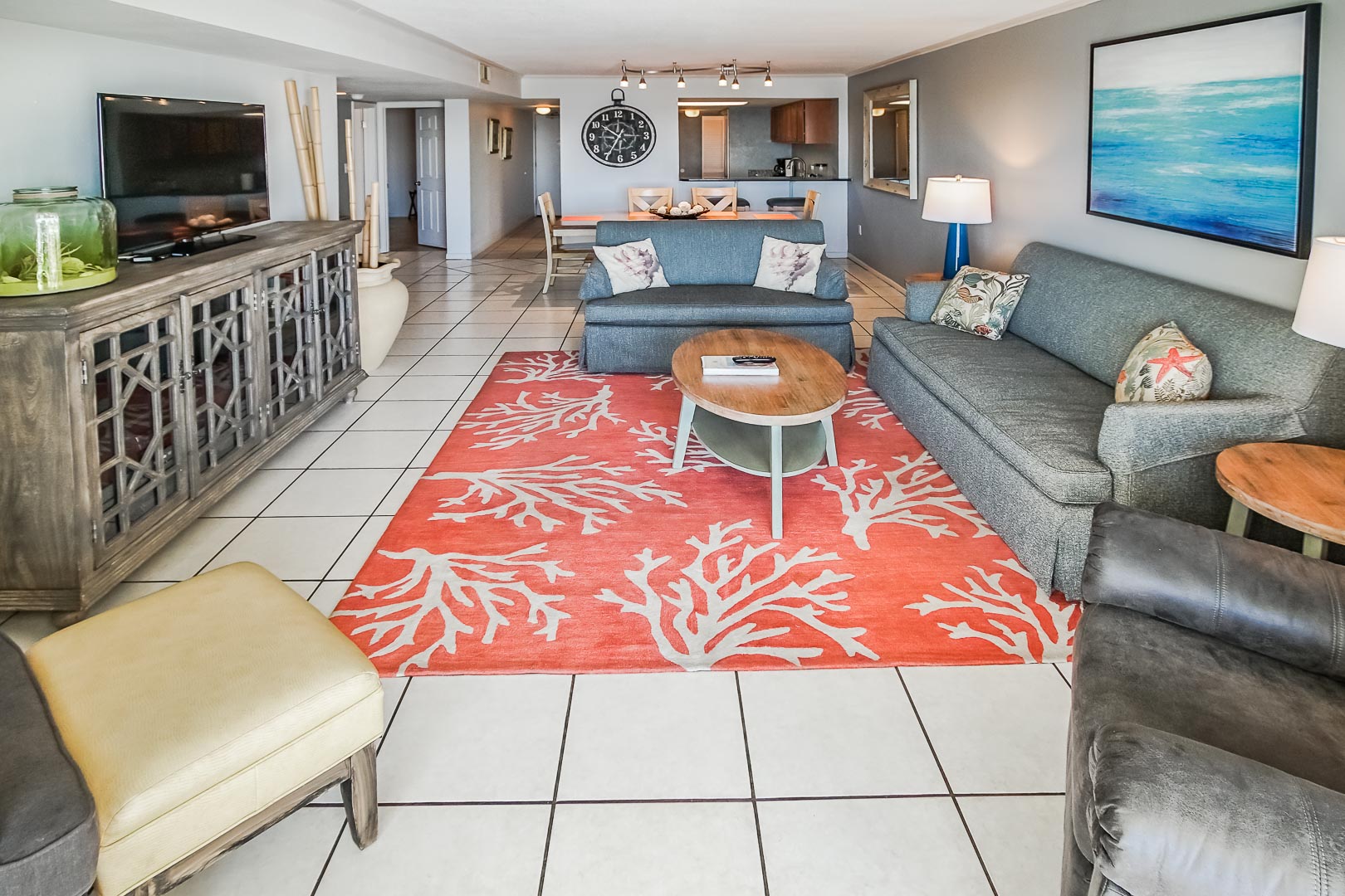 An airy living room at VRI's Shoreline Towers in Gulf Shores, Alabama.